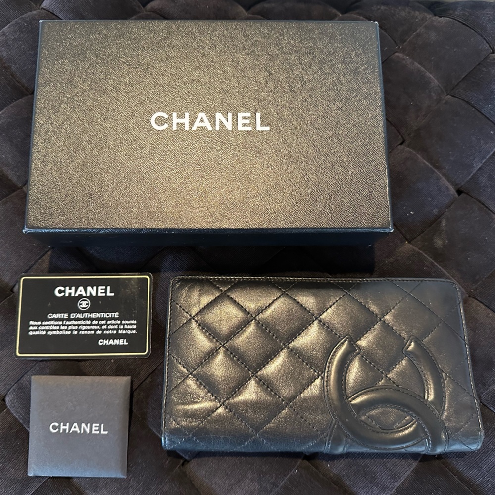 Authentic Chanel Coco Mark Matelasse Cambon Bi-Fold Long Lambskin Wallet